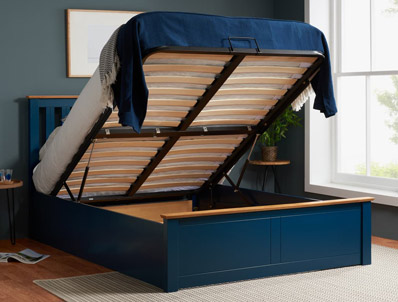 BPB Navy Blue & Oak Colour Ottoman Bed Frame