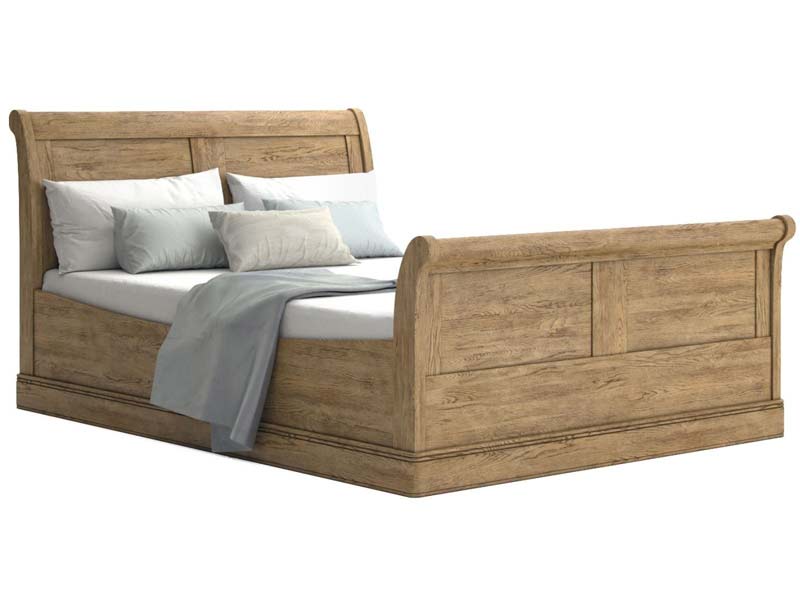 Versailles White Oak Sleigh Bed Frame, Wooden Sleigh Bed King Size