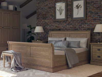 Versailles White Oak Sleigh Bed Frame, King Size Wooden Sleigh Bed Frame